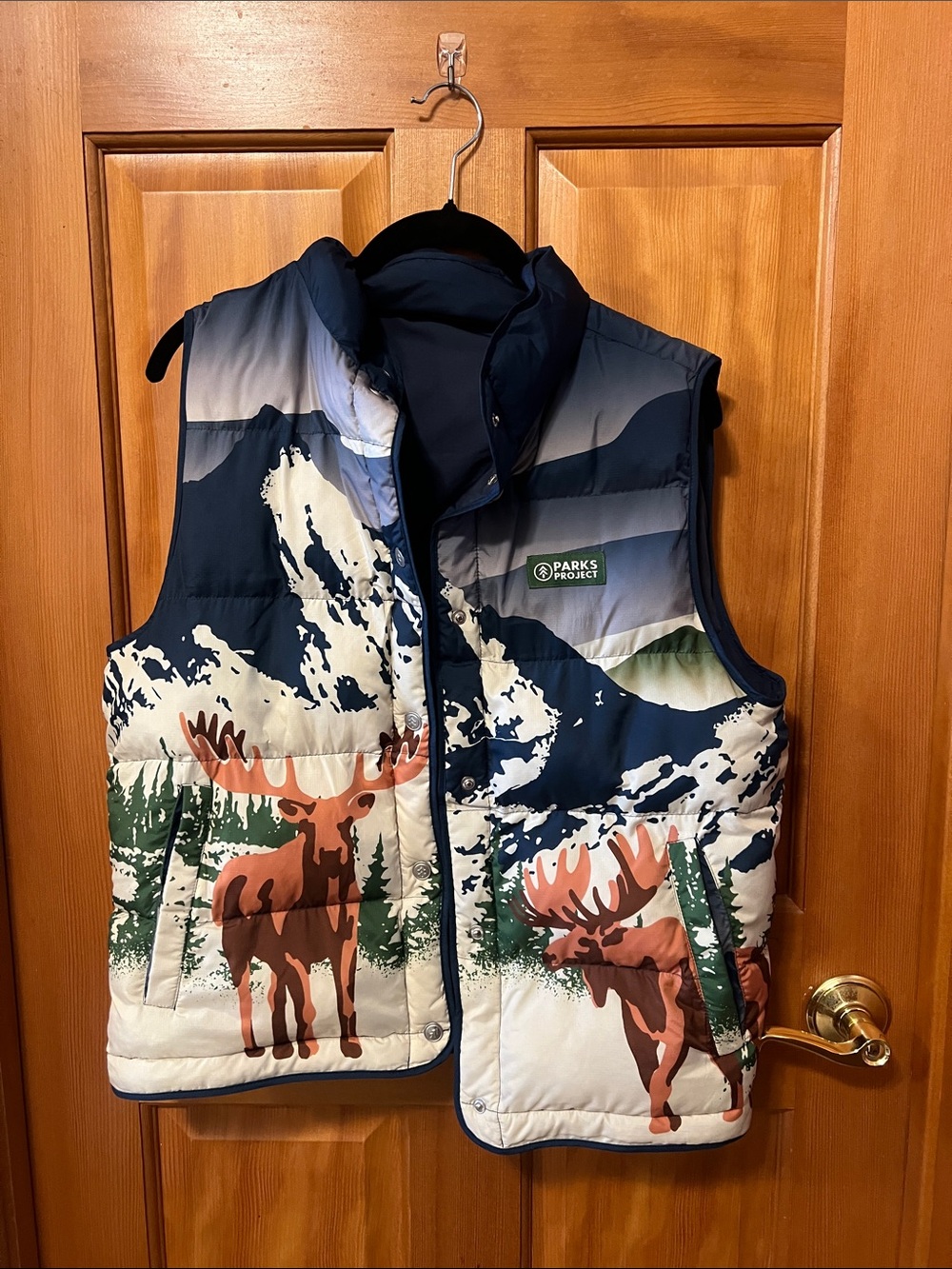 Parks Project Navy, Cream & Green Moose Print Puffer Vest